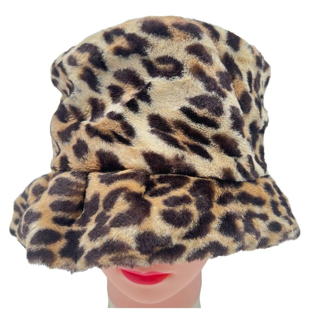 Leopard Cheetah Print Bucket Hat Vtg Y2K Faux Fur Ribbon Boho Hippie Handmade